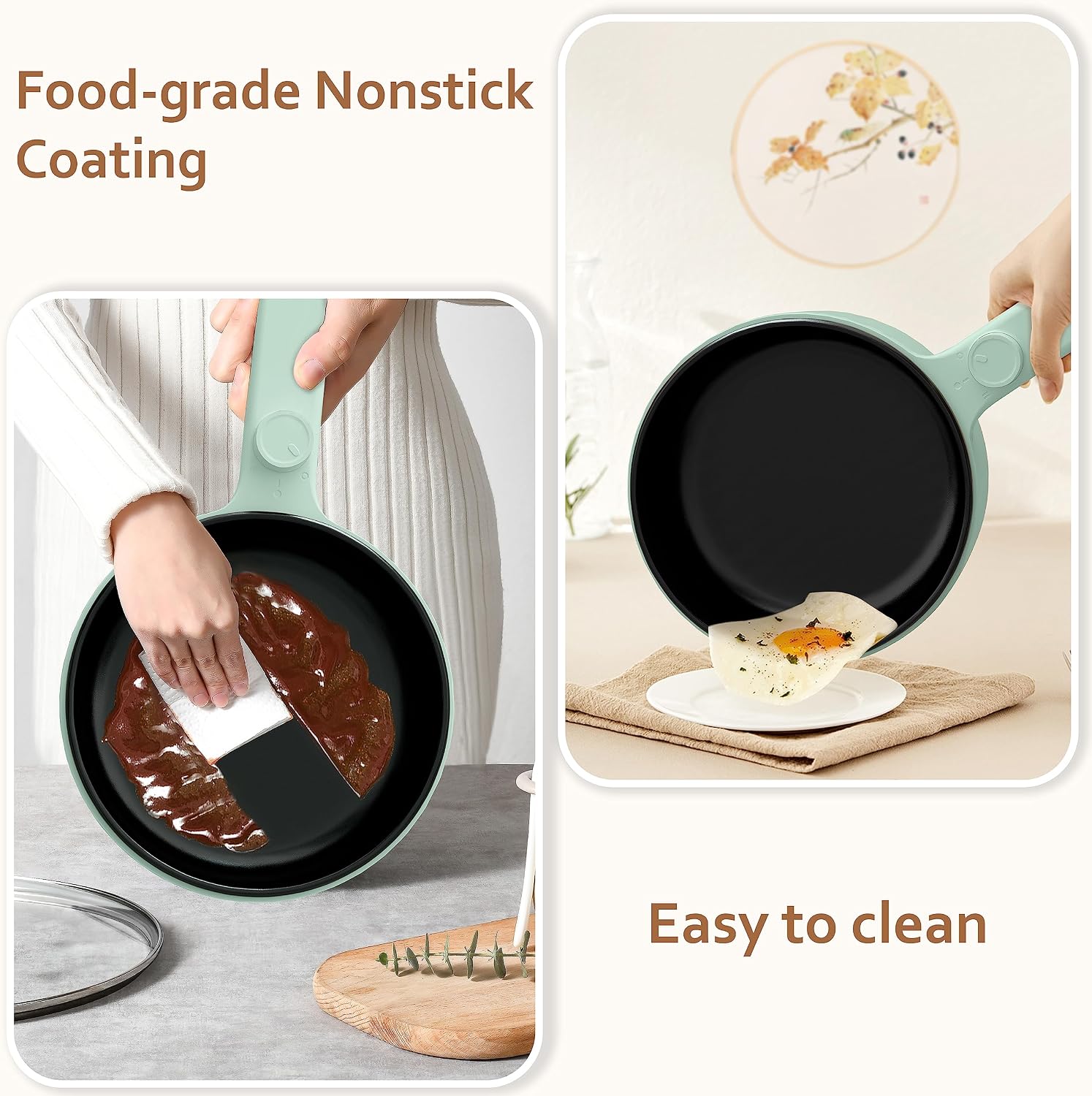 HYTRIC Electric Pot with Steamer New Upgrade, 1.5L Portable Nonstick Frying Pan, Electric Cooker for Steak, Egg, Pasta, Ramen Cooker with Dual Power Control, Mini Pot for Dorm, Office, Green