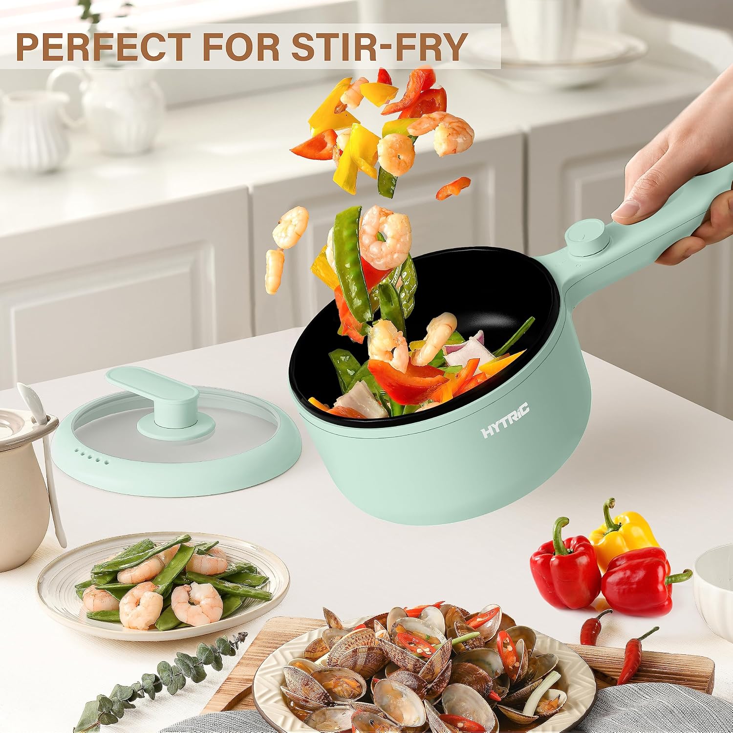 HYTRIC Electric Pot with Steamer New Upgrade, 1.5L Portable Nonstick Frying Pan, Electric Cooker for Steak, Egg, Pasta, Ramen Cooker with Dual Power Control, Mini Pot for Dorm, Office, Green